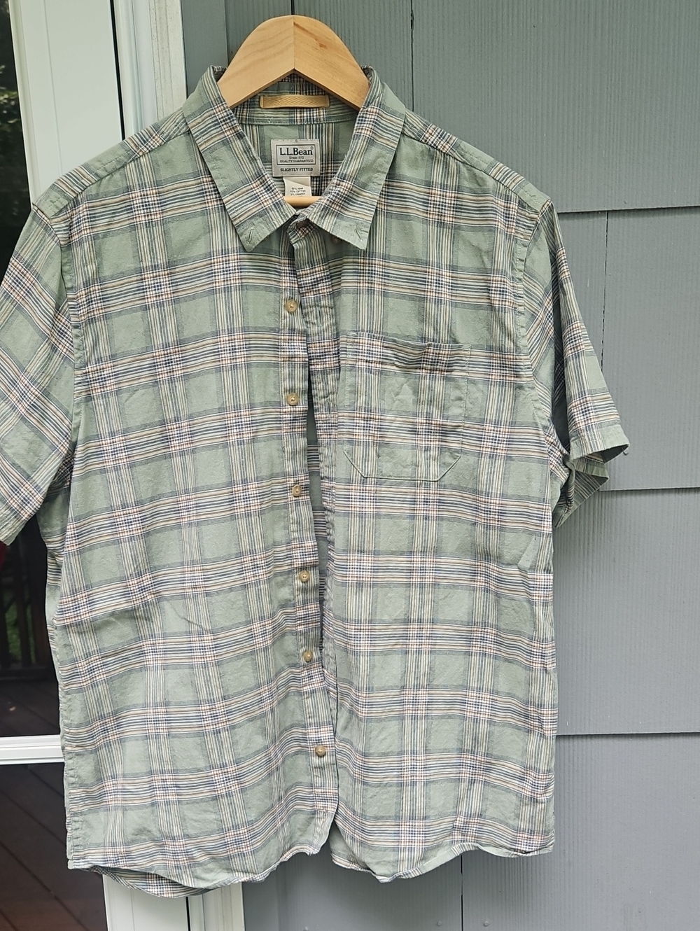 L.L. Bean Men's Short-Sleeve Plaid Button-Down in Sage and Cream